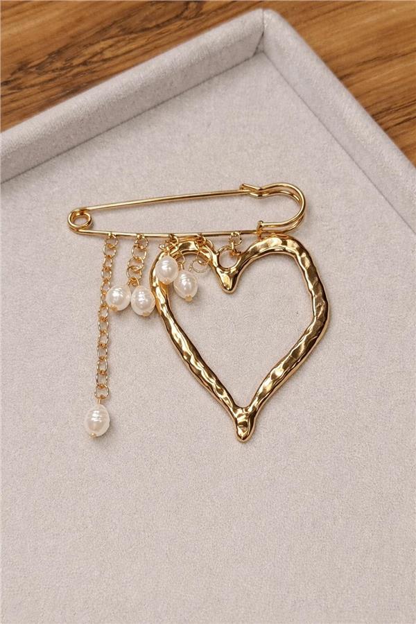 Madison İnci Detaylı Kalp Figürlü Altın Renk Zarif Broş